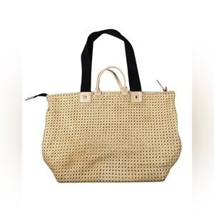 CLARE V. Le Zip Sac Tote Bag Cream Rattan Leather + Leather Handle & Black Strap